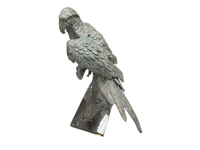 Lot 439 - Large bronzed metal sculpture of a macaw parrot, raised on a marble base, 64.5cm in overall height.