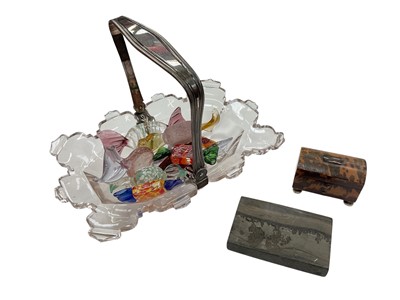 Lot 356 - 19th century Dutch glass sweet meat basket with silver swing handle, together with coloured glass sweets, tortoise shell trinket box and a specimen plaque