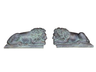 Lot 768 - Pair of bronzed terracotta sculptures in the form recumbent lions