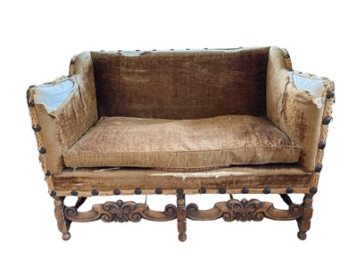 Lot 1356 - Antique Jacobean revival two seat sofa with brass stud work borders, oak carved frieze and turned supports, 122cm wide x 60cm deep