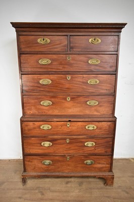 Lot 1360 - George III mahogany chest on chest, two short over six long drawers with oval brass handles, on bracket feet, 108cm wide x 52cm deep x 185cm high