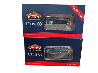 Lot 1834 - Bachmann OO Gauge Class 08 Shunter Harry Needle Railroad Company Blue 08502, boxed 32-123 & Class 03 Shunter BR Blue Wasp Stripes, 03026, boxed 31-368DS (2)