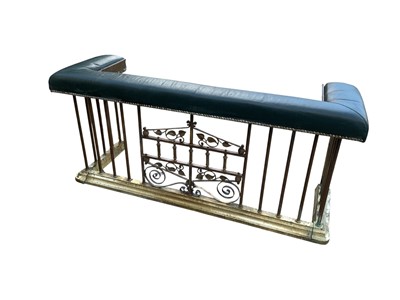 Lot 1358 - Edwardian style brass club fender with studded green leather seat, 138cm wide x 44cm deep x 64cm high
