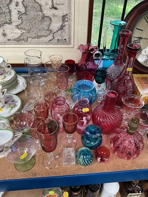 Lot 65 - Group of antque and later glassware, including Mary Gregory style enamelled cranberry glass, decanters, etc