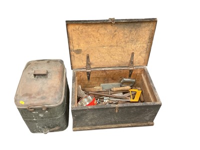 Lot 448 - Vintage pine tool trunk with hand tools, together with a metal water container (2)