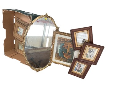 Lot 450 - Gilt framed wall mirror and group of prints.