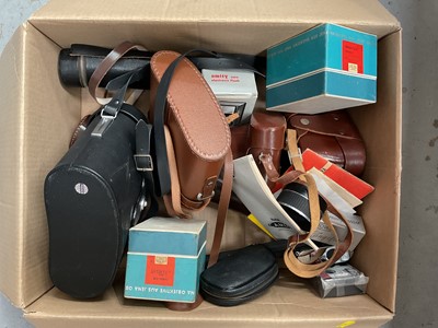 Lot 77 - Group of cameras, binoculars and accessories, including two Carl Zeiss boxed lenses