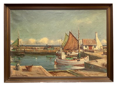 Lot 1014 - Theodore Skovgaard (Danish, 1913-1993) oil on canvas - Harbour Scene, signed, 99cm x 140cm, in gilt frame