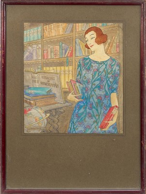 Lot 1056 - Barbara Macdonald (1892-1969) watercolour, 1920s library interior with figure, signed, 25cm x 23cm, glazed frame