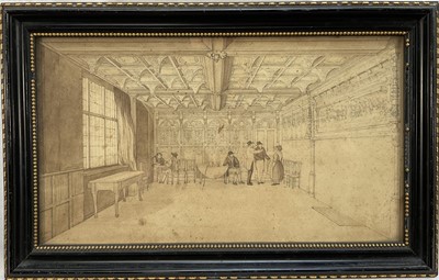Lot 1180 - Henry Davy (1793-1865) monochrome watercolour - figures in a gallery, probably Suffolk, 17.5cm x 31cm, glazed frame