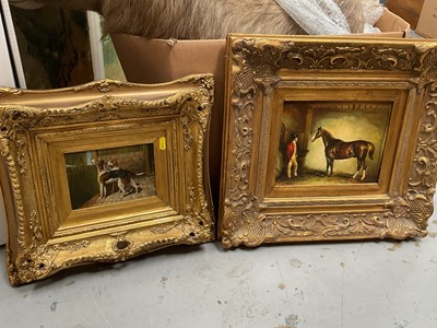 Lot 923 - Two oil on panel paintings in gilt frames: two hounds, and a horse with owner