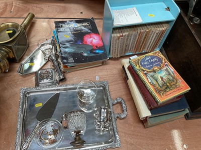 Lot 81 - Sundry items, including Sheffield plate, limited edition books, Peter Rabbit books in a bookcase, Star Trek albums, etc