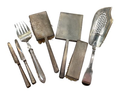Lot 1169 - Georgian silver fish server, Art Deco silver mounted three piece dressing table set and three silver handled cutlery