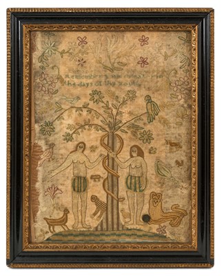 Lot 650 - Good George III silk sampler, signed Elizabeth Whinoopp, 1770, with Garden of Eden scene, 30 x 24cm in glazed frame