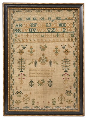 Lot 651 - Of local interest: Early Victorian sampler, signed Eliza Simmonds, Sudbury, 1844, with alphabet bands and religious verse, within scattered animal and foliate devices, 40 x 27cm, glazed frame
