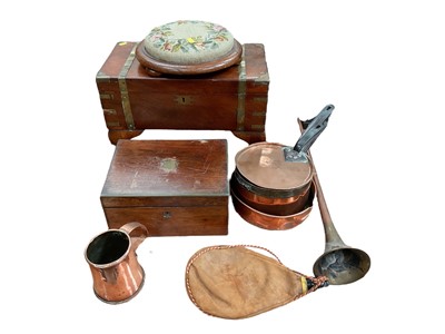 Lot 452 - Victorian mahogany brass bound work box, hunting horn and other copper wares.