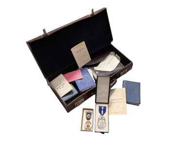 Lot 453 - Group of local Masonic related items in a brown leather case.
