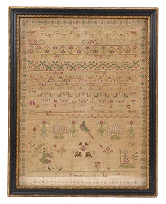 Lot 652 - Early / Mid 18th century sampler, indistinctly signed and dated, with alphabet, foliate and script bands and scattered ornament, 43 x 32cm, glazed frame