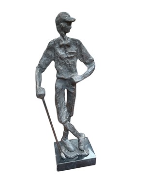 Lot 454 - Contemporary abstract bronzed metal sculpture in the form of a golfer, raised on a marble base, 36cm in overall height.