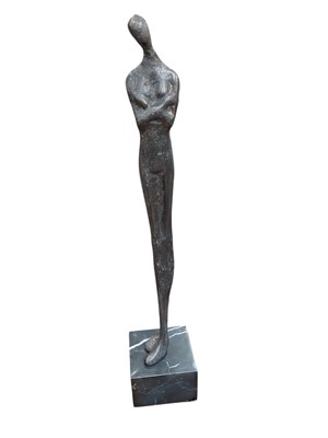 Lot 455 - Contemporary abstract bronzed metal sculpture of figural form, raised on a marble base, 51cm in overall height.