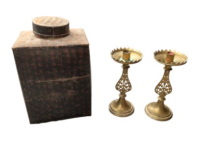 Lot 785 - Pair of brass candlesticks and a Georgian japanned large tea canister, approximately 33cm tall