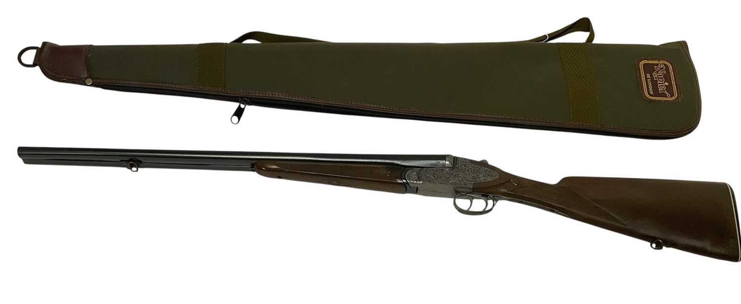 Lot 916 - Edison Giocattoli, Italian cap gun, double barrelled in metal and composite parts, 83.5cm long overall, in Napier canvas slip (2)
