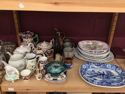 Lot 788 - Group of 19th century and later ceramics to include a selection of meat plates, 18th century Newhall-type tea pot, stylish art glass vase with signature to base, a Bellarmine jug