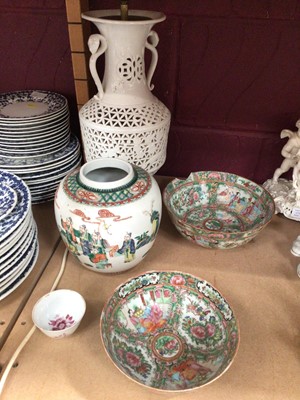 Lot 792 - Group of Chinese porcelain including two 19th century Canton bowls, one 18th century tea bowl and one 19th century famille verte jar, together with a Blanc De Chine lamp with pierced decoration ...
