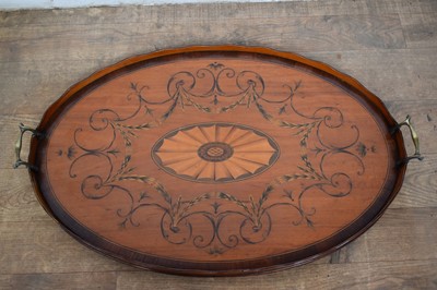 Lot 1301 - Adams style satinwood and marquetry inlaid oval tray with flanking brass handles, 69cm wide