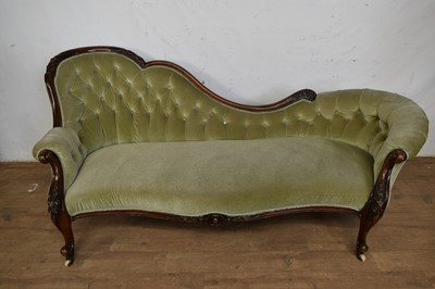 Lot 1315 - Victorian walnut framed chaise longue, with green button upholstery and carved showwood frame on cabriole legs and castors