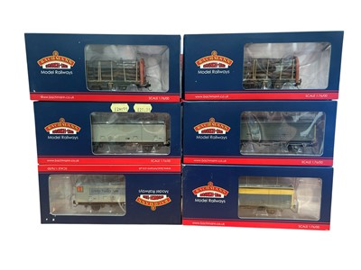 Lot 1877 - Bachmann OO Gauge BR Railfreight Distribution VDA Sliding Door Box Van, boxed 38-147 (x3) and Red & Grey VAA (weathered) VAA Box Van, boxed 38-120C, OTA Timber Carrier Wagon Railfreight with...