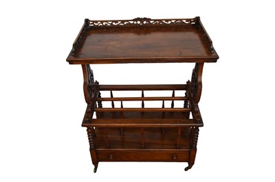 Lot 1341 - Early Victorian walnut Canterbury whatnot, with pierced gallery and lyre shaped ends to Canterbury base with single drawer on castors, 68cm wide x 40cm deep x 89cm high