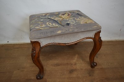 Lot 1344 - Victorian walnut stool, with rectangular embroidered seat on carved cabriole legs, 52 x 43cm