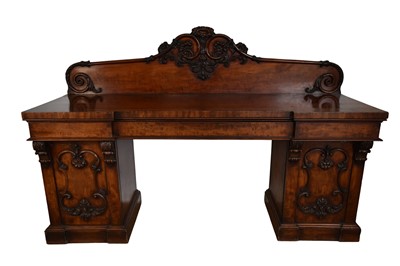 Lot 1346 - Mid 19th century mahogany pedestal sideboard, with moulded gallery and three cushion frieze drawers over pedestal cupboards on plinths, 214cm wide x 63cm deep x 147cm high