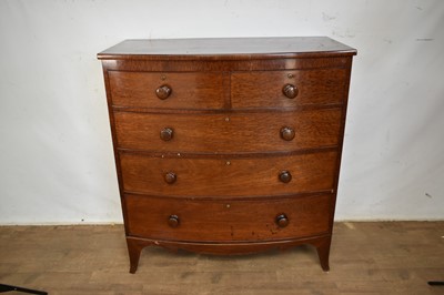 Lot 1348 - Early Victorian mahogany bowfront chest of two short over three long drawers on splayed bracket feet, 111cm wide...