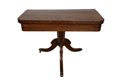 Lot 1349 - Regency mahogany card table, with rounded rectangular hinged top on tapered faceted column and reeded hipped cabriole legs and castors, 104cm wide x 51cm deep x 76cm...