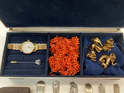 Lot 1158 - Silver plated jewellery box containing a coral necklace, Timex gold plated wristwatch etc, together with six various silver teaspoons