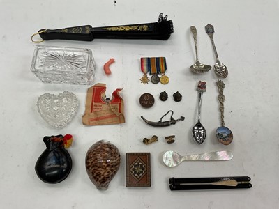 Lot 99 - Miniature WW1 medal trio, miniature Arabian dagger, two pickelhaube pendants, and other