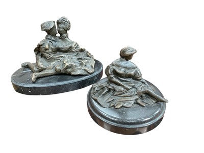 Lot 462 - Two contemporary abstract bronzed metal figures, mounted on marble bases.