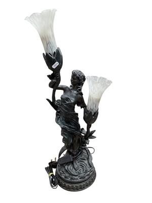 Lot 471 - Bronzed resin figural lamp with frosted glass shades, 68.5cm in height.