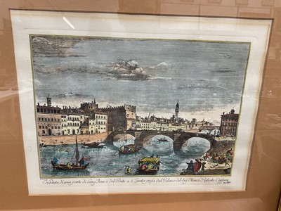 Lot 939 - Vincenzo Franceschini (1812-1884) After Guiseppe Zocchi (1711-1767), a framed and glazed hand coloured engraving 'Veduta di una Parte di Lung Arno, e del Ponte a S. Trinita Presa dal Palazzo del...