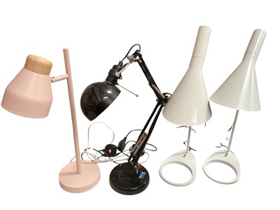 Lot 301 - Contemporary anglepoise style black lamp, pair of white lamps and a pink desk lamp