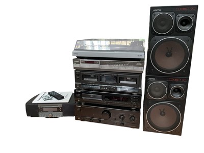 Lot 5 - Quantity of music systems, Telefunken HIFI Turntable HS100, Telefunken Synthesizer HT 1800, Technics cassette deck RS-TR165, Kenwood compact disc player, Kenwood stereo integrated amplifier toge...