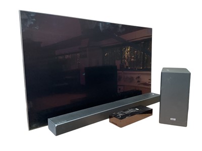 Lot 3 - 65" wall mounted Qled Samsung TV (model number QE6585RAT) with Samsung one connect together with Samsung harman/kardon Soundbar and subwoofer