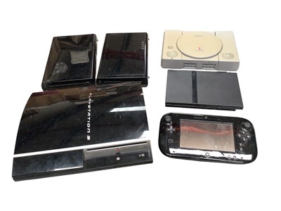 Lot 803 - Large group of games consoles and games, including a PlayStation 3, PlayStation 2, PlayStation 1 and two Wii Us