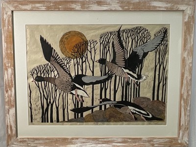 Lot 1 - Lisa Hooper (Contemporary) limited edition linocut - Pinkfeet Rising, signed, 28/30, 51cm x 72cm, glazed frame