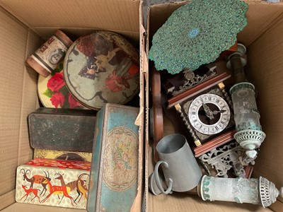 Lot 304 - Group of vintage tins, metalwares, two replica guns, golf clubs, vintage tennis racket and sundries