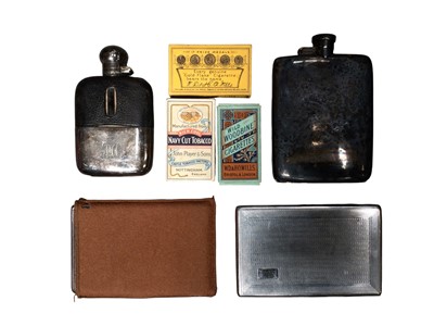 Lot 806 - Three boxes of miscellaneous items to include antique cigarette boxes, car parts, cigarette cases, hip flasks, vase, lamp and other sundry items