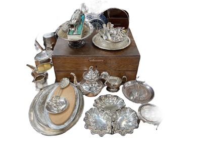 Lot 498 - Collection of silver plated items to include a canteen of cutlery, four piece teaset and various other items. Together with a silver backed brush and white metal vase.