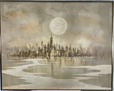 Lot 180 - Lee Reynolds Burr (1936-2017) large oil on canvas - New York Skyline, signed, framed